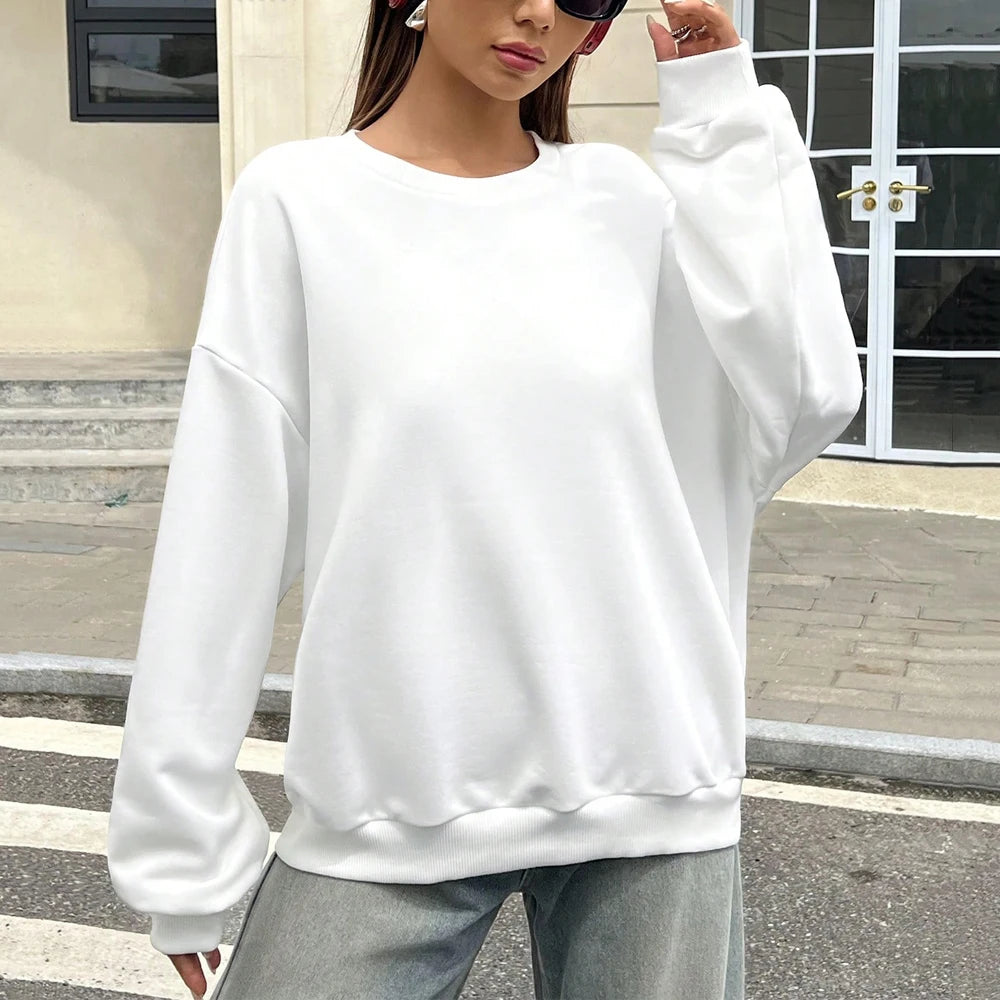 Felpa Sportiva Bianca da Donna per Autunno e Inverno, Top Casual Ampio, Nuova Felpa Casual a Maniche Lunghe con Collo Tondo in Tinta Unita
