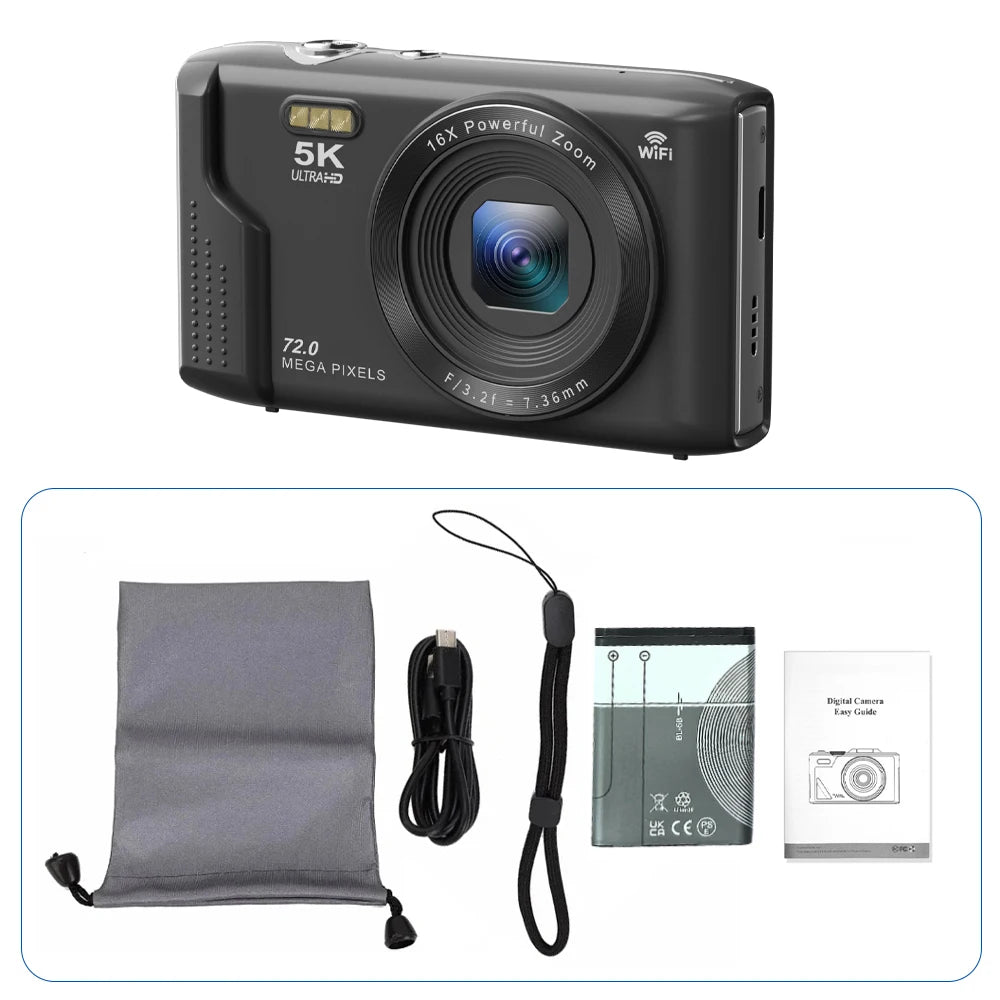 Ourlife Fotocamera digitale compatta 5K 72MP Schermo LCD da 2,8 '' Zoom digitale 16X Fotografia vintage Videoregistratore Vlog YouTube