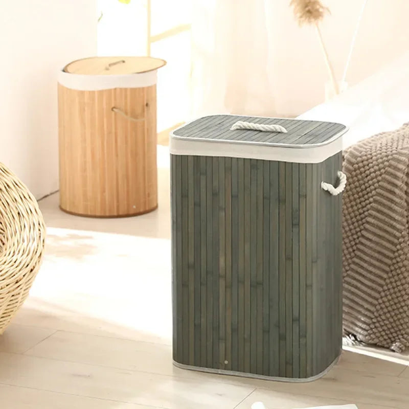 Cesto per Bucato Pieghevole di Grande Capacità, Contenitore in Bambù Rotondo per Organizzare Vestiti, Cesto Compatto per la Casa