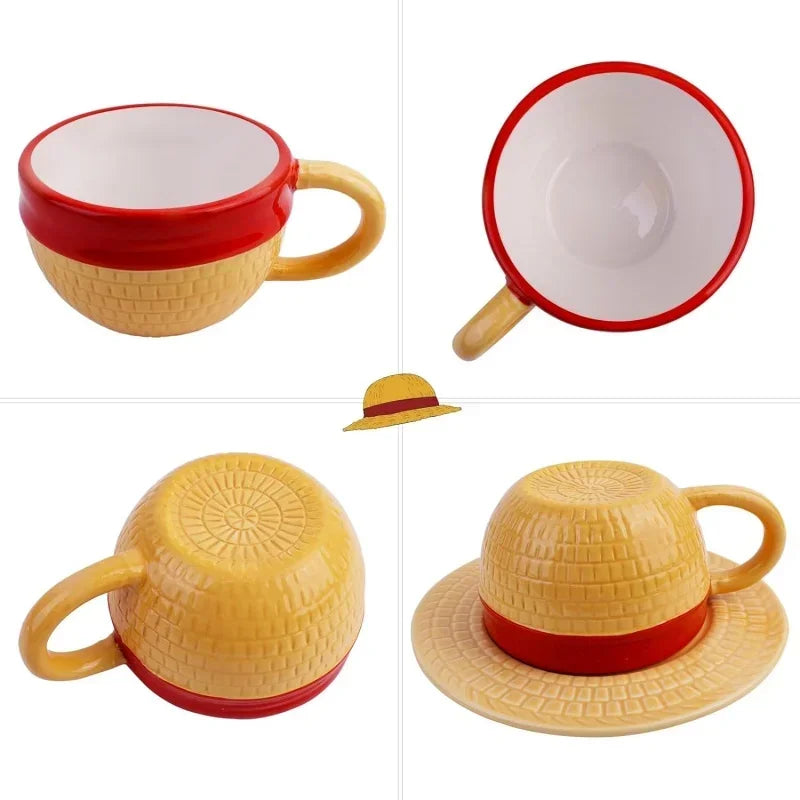 Tazza da caffè e piattino del fumetto Tazze d'acqua a forma di cappello creativo Cosplay Anime Chopper Ace Sabo Tazza in ceramica Piatto da dessert Regali