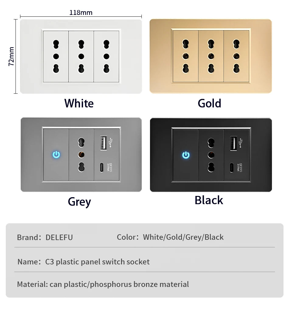 DELEFU Presa a Muro in Vetro Temperato Nero con USB Type-C per Ricarica Rapida, Interruttore Schuko, TV Sat, Telefono, Campanello, Italia/Cile