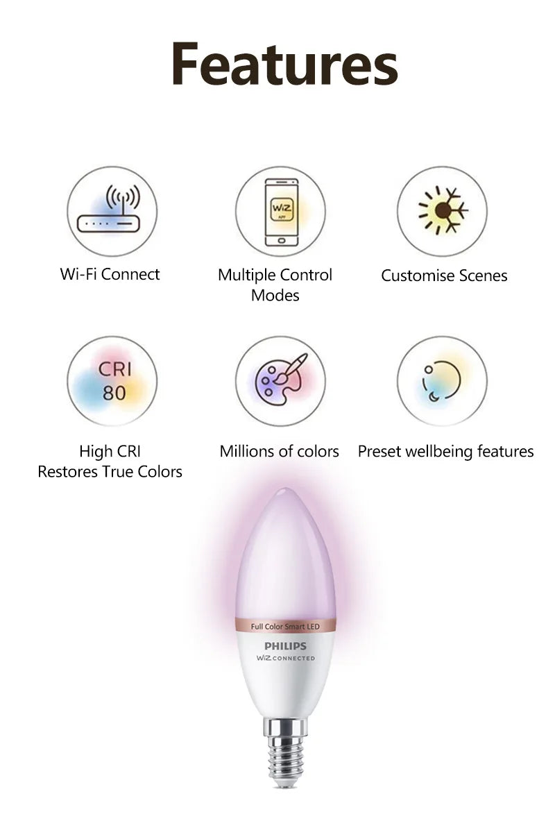 Philips Smart LED 4.9W E14 a lume di candela WiZ Wi-Fi e lampadina Bluetooth 220-240V 16 milioni di lampade dimmerabili satinate a colori CRI90