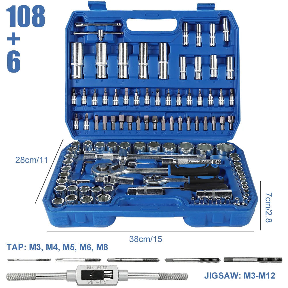 Set di chiavi a cricchetto e bussole da 114 pezzi/100 pezzi, kit di attrezzi per la riparazione di auto, set di chiavi a cricchetto da 1/4" e 1/2", combinazione di chiavi a cricchetto e chiavi dinamometriche, con maschi (M3,