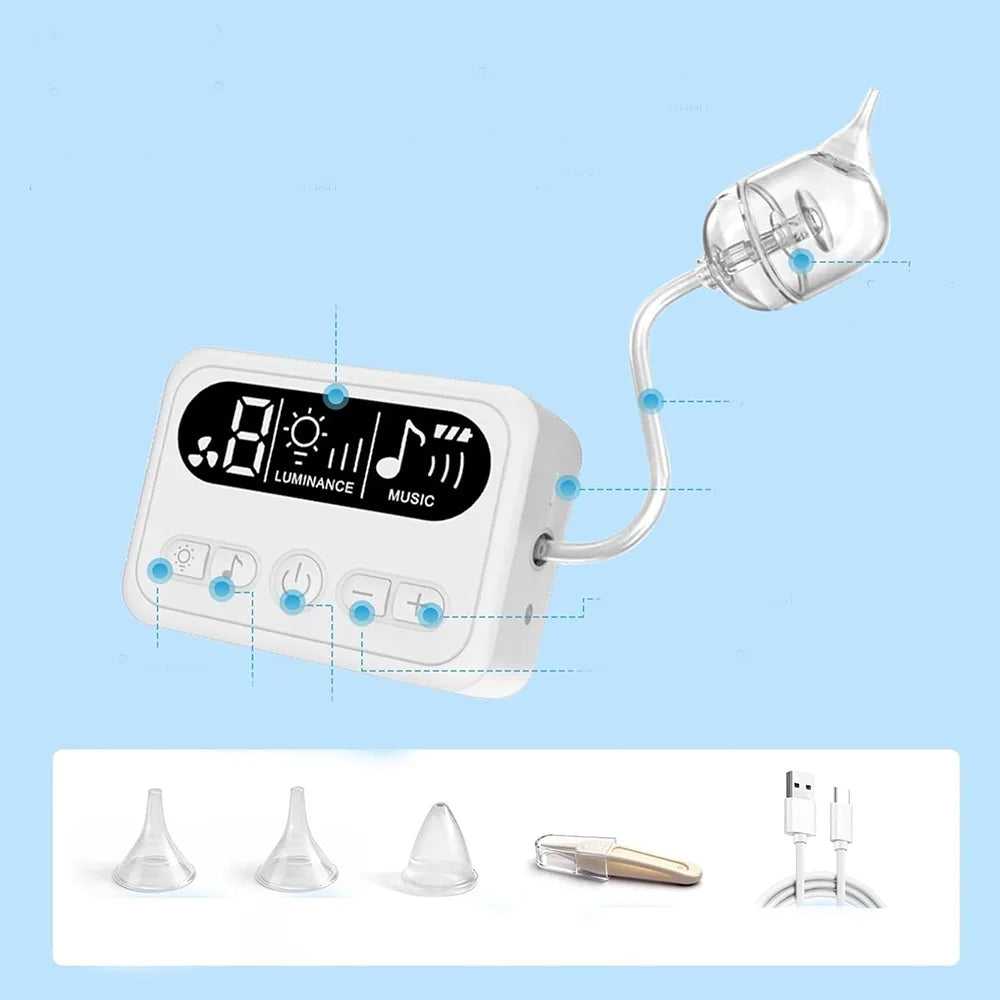 Aspiratore Nasale Elettrico per Neonati di Alta Qualità, Comodo Aspiratore per Muco con 3 Ugelli, Silenzioso, Display LCD e Musica Integrata
