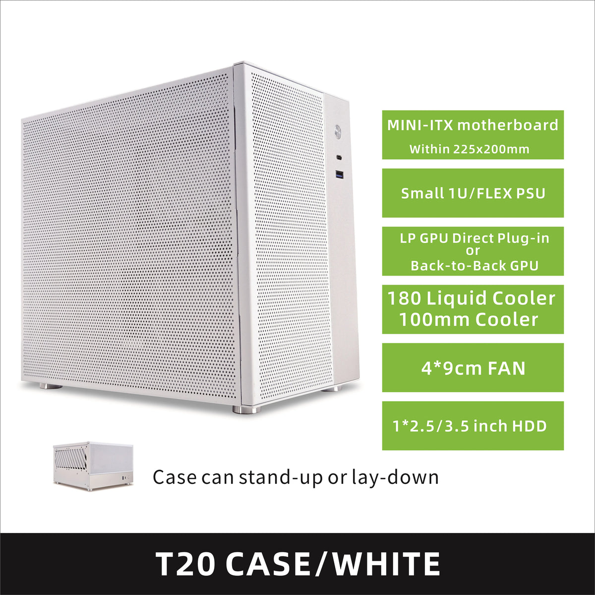 METALFISH T20 Mini ITX Custodia bianca 9L Supporto telaio PC compatto Flex PSU/240mm GPU/100mm Dispositivo di raffreddamento/180 Dispositivo di raffreddamento liquido
