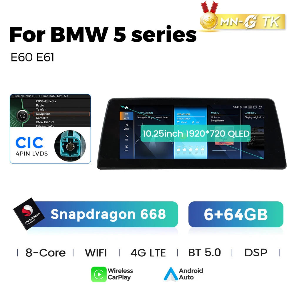 Mekede 10.25/12.3 pollici QLED Android 14 Snapdragon 128GB ROM CarPlay Wireless Auto Multimedia per BMW Serie 5 E60 E61 E62 E63 E64 Sistema CCC CIC Navigazione GPS Doppio BT 4G WiFi DSP