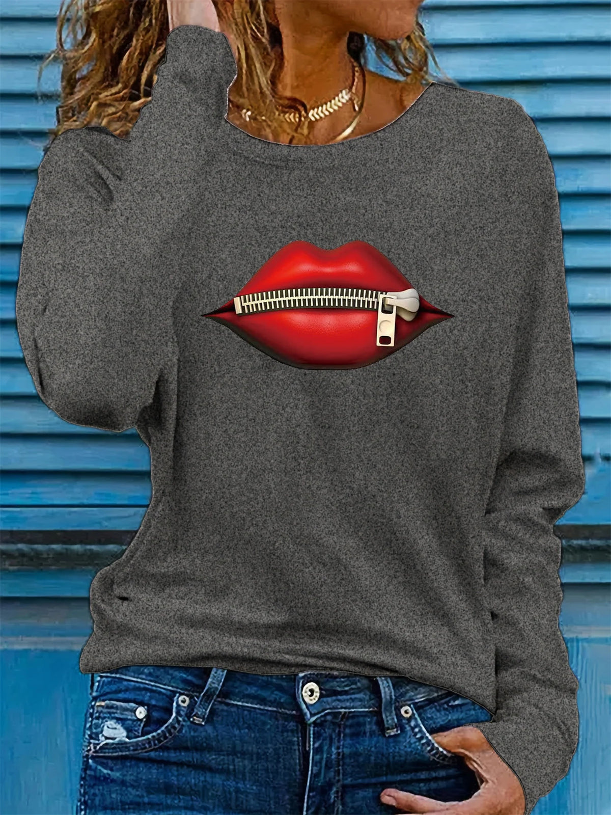 T-shirt da donna in 100% puro cotone, ideale per la primavera e l'autunno, dal taglio ampio e casual, con stampa a forma di labbra, cerniera, stampa grafica e maniche lunghe, scollo rotondo.