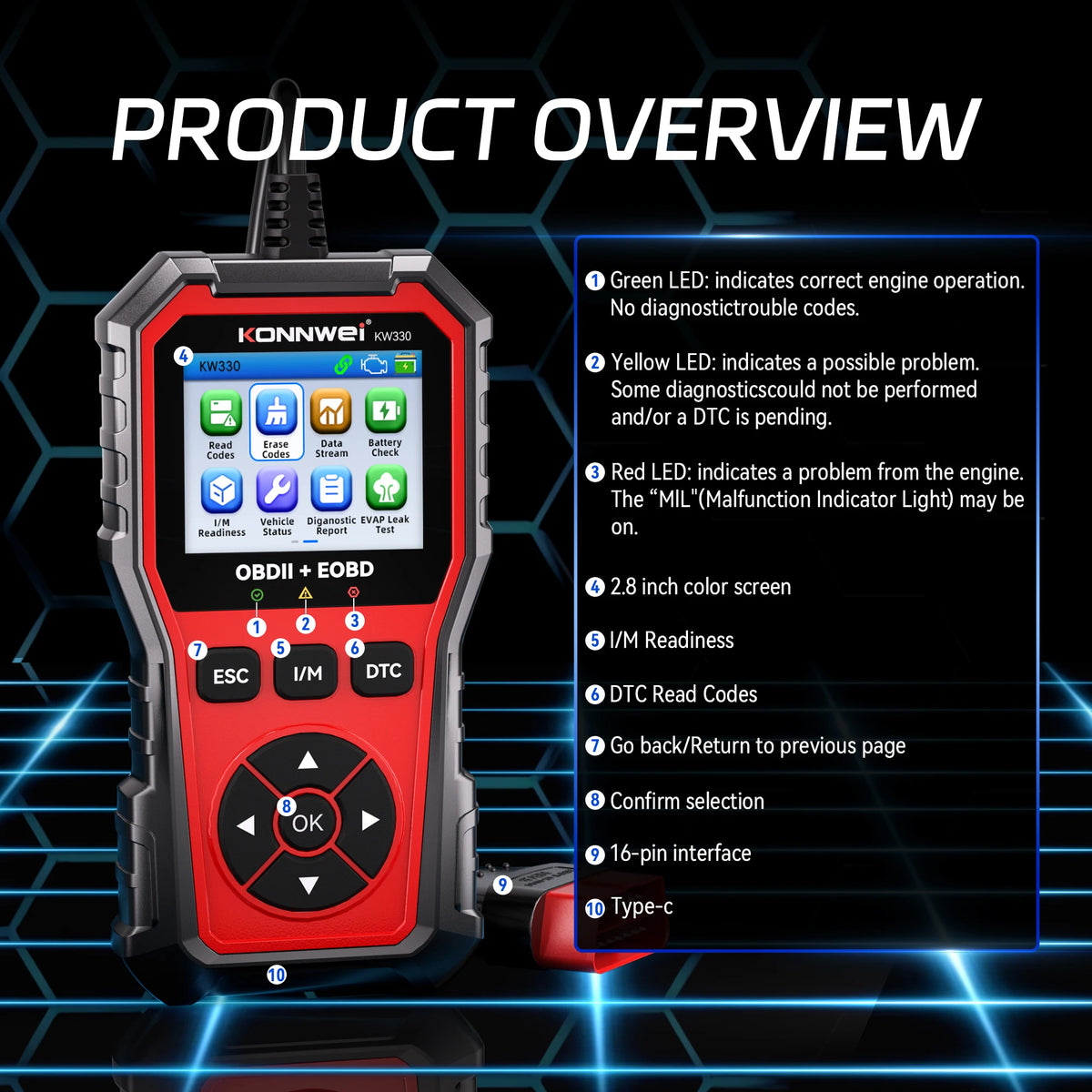 2026 KONNWEI KW330 Auto OBD2 Scanner di guasti Test della batteria del motore Codice di guasto Trasparente Dati in tempo reale Strumento di ispezione OBD professionale