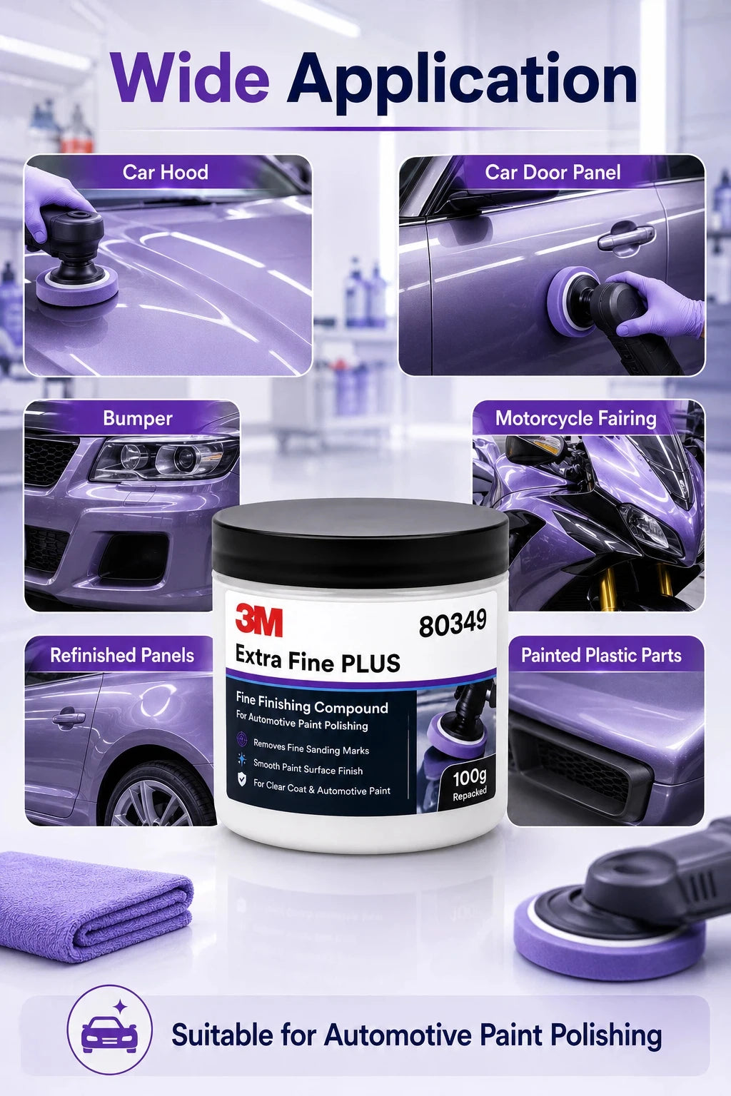 Composto Lucidante Professionale 3M 80349 Extra Fine Plus per Vernice Auto, Rimozione Graffi Sottili, Dettagliatura Finitura Trasparente, 100g Riconfezionato