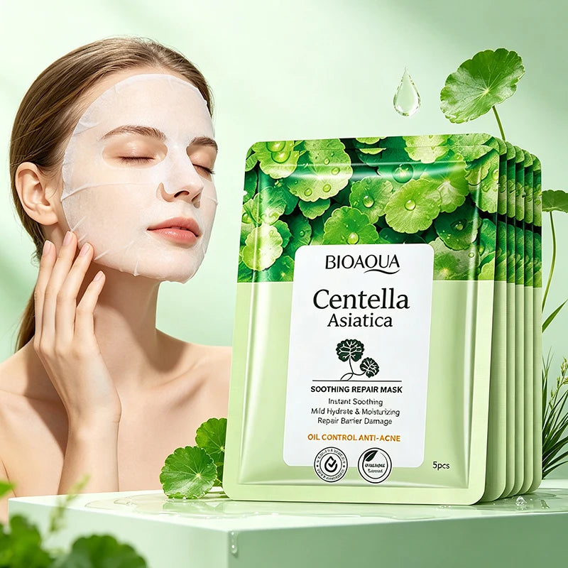 5 maschere per il viso a base di Centella Asiatica BIOAQUA, con azione lenitiva, idratante, anti-età, riparatrice, per contrastare l’acne e migliorare la salute della pelle.