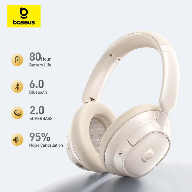 Cuffie Wireless ANC Baseus 80H, Auricolari Over-Ear con 95% di Cancellazione del Rumore, Cuffie Bluetooth 6.0 BH1 NC LITE