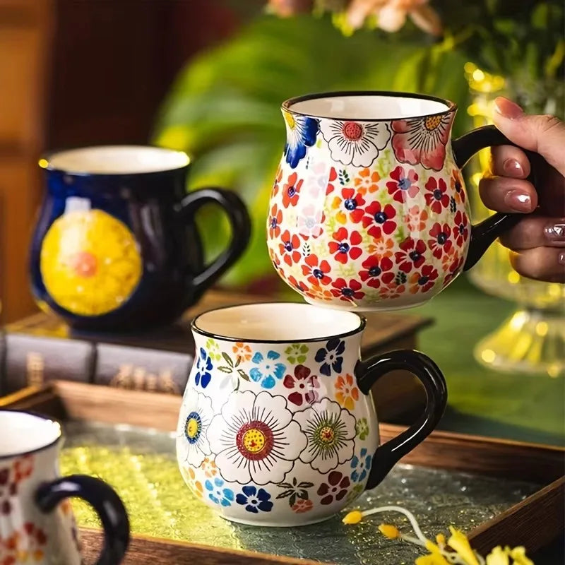 Tazza in Ceramica Stile Ceramica Polacca a Bocca Larga, Tazza con Motivo Floreale Dipinto a Mano, Tazza di Grande Capacità per Caffè, Tè e Latte