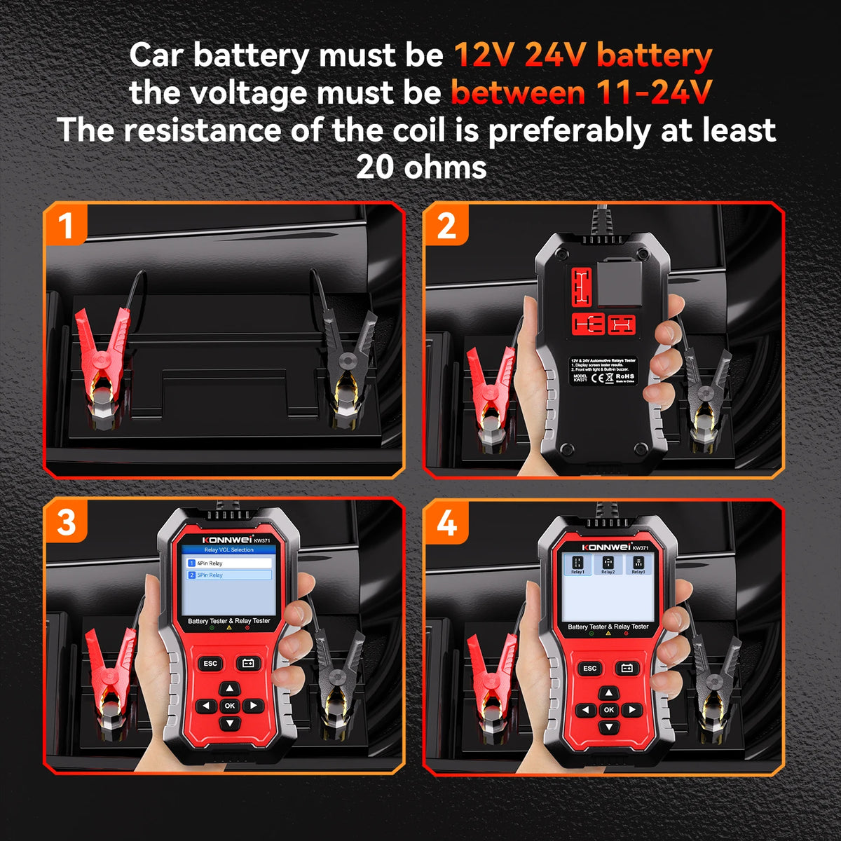 Tester Batteria Auto 2in1 KONNWEI KW371 2026 e Tester Relè a 4 Pin 5 Pin 6V 12V 24V con Stampa Dati Guasto, Test Avvio e Strumento di Scansione Ricarica