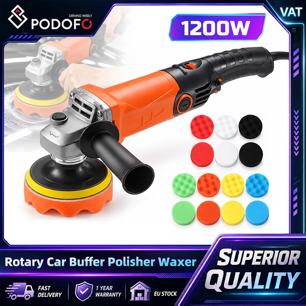 Podofo Lucidatrice Rotativa per Auto 8800RPM 1200W con Velocità Variabile, 6 Livelli di Regolazione della Velocità, Manico Rimovibile, Interruttore di Sicurezza con Blocco per Lucidatura e Ceratura di Auto, Barche, Mobili,