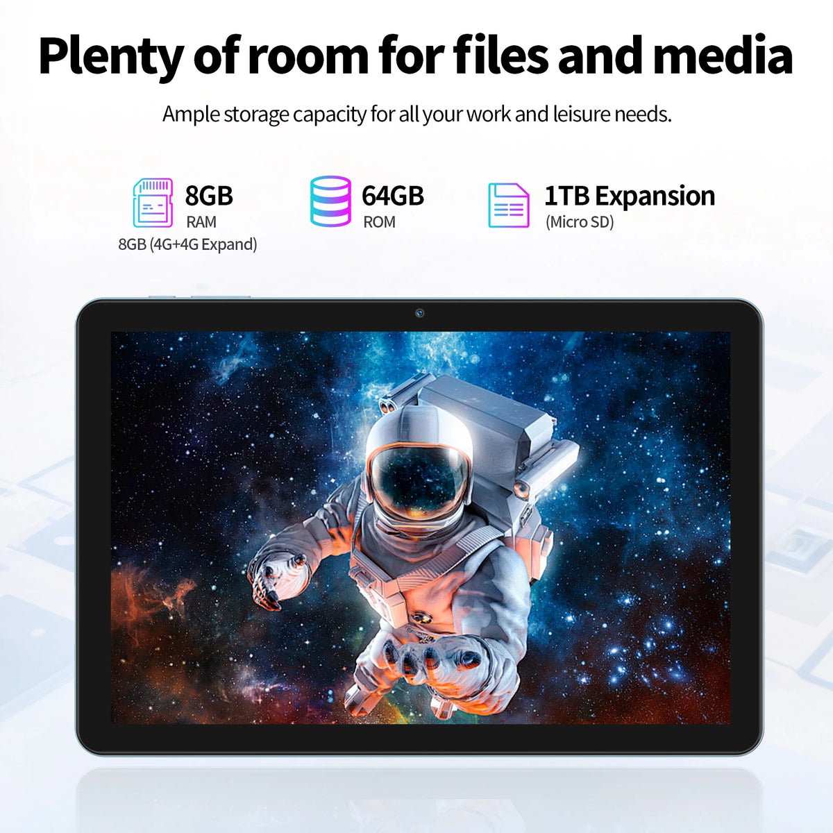 Tablet Android da 10.1" con Processore Octa-core, 16GB (4+12GB Virtuali) di RAM, 64GB di ROM, Schermo Touch HD IPS, Wi-Fi 6, BT 5.0, Doppia Fotocamera