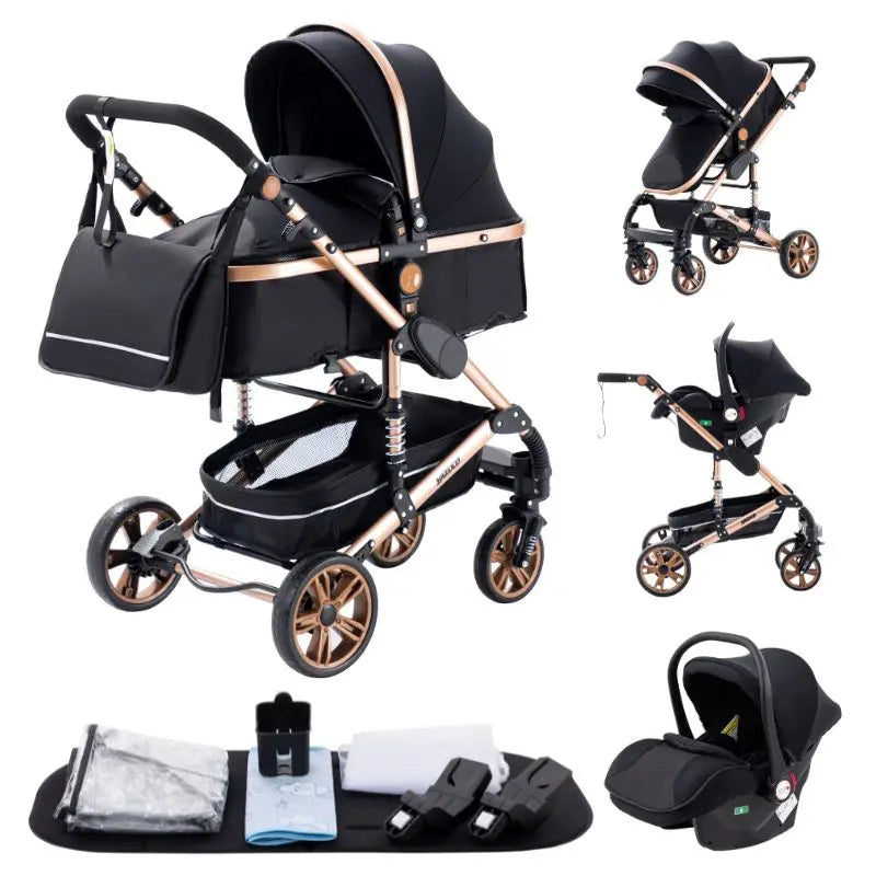 Passeggino 3 in 1 Facile da piegare Telaio in alluminio ad alto paesaggio Passeggino neonato con ruota in gomma per assorbimento degli urti a quattro ruote