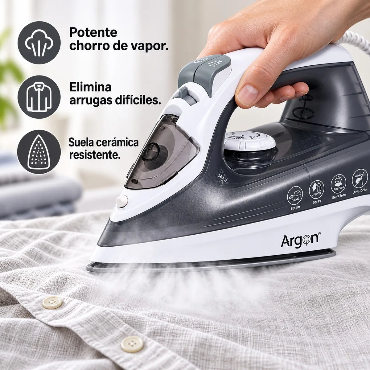Ferro da stiro professionale a vapore da 2200 W, con piastra in ceramica scorrevole, sistema anti-goccia e autopulente, per stirare sia in verticale che in orizzontale capi in cotone e lino.