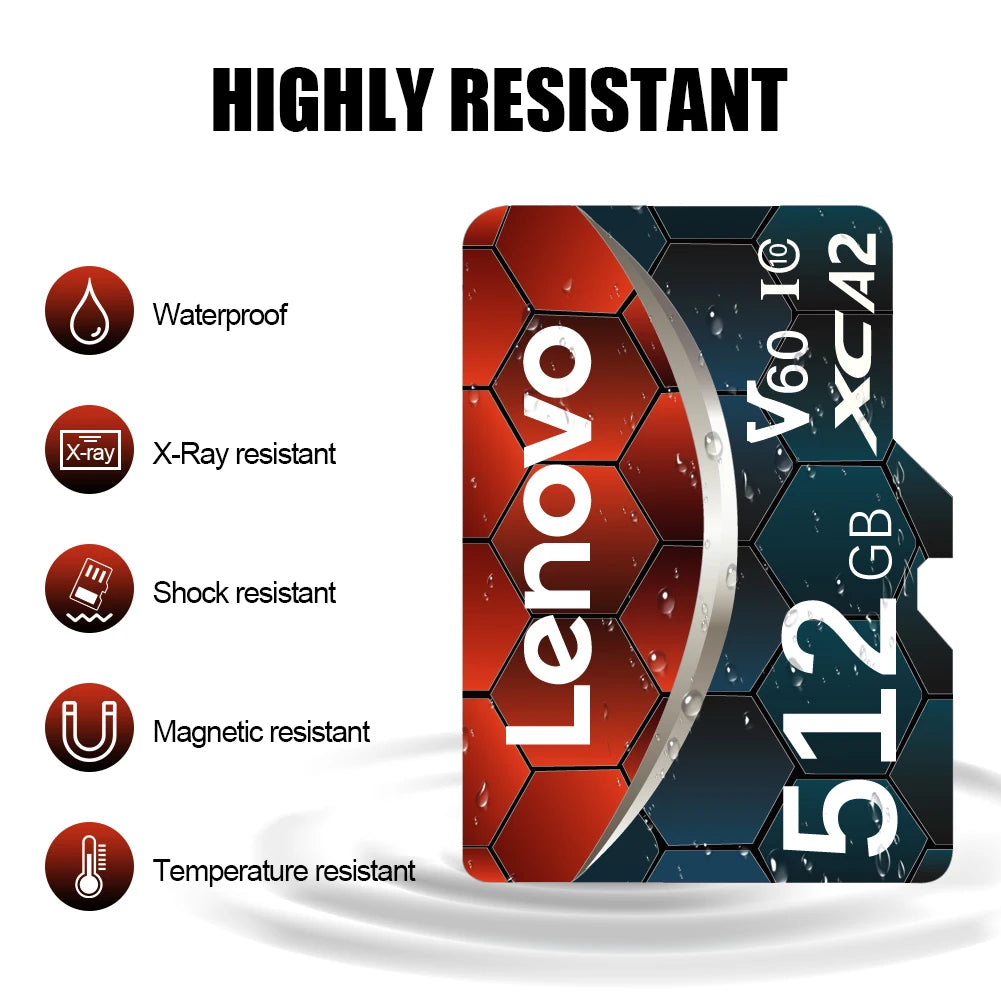 Scheda di memoria Micro SD TF Lenovo A2 U3, 128 GB, 256 GB, 512 GB, scheda TF ad alta velocità per video, compatibile con droni DJI Pocket4 e action camera GoPro HERO.