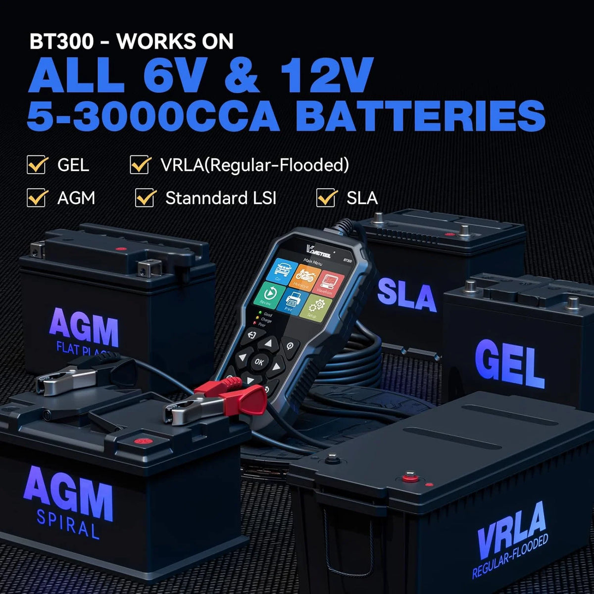 VDIAGTOOL BT300 Tester per Batterie Auto 6-12V, 5-3000 CCA per Analizzatore Batterie Auto, Camion, Moto con Test di Carica, Test di Avviamento, Test di Tensione SOH SOC, Strumento per Test del Sistema di Ricarica e Avviamento