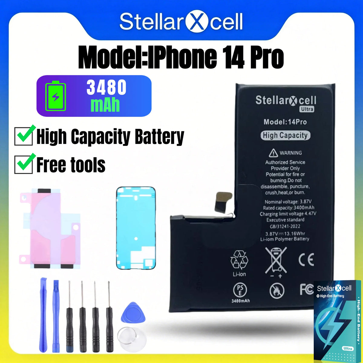 Batteria StellarXcell Ultra per iPhone, Spedita dalla Germania, per iPhone 7 8 X XR XS XSMAX 11 12 13 14 15 Mini Plus Pro Promax, Batteria ad Alta Capacità, Batteria di Alta Qualità, Batteria Sostitutiva per iPhone con Stru