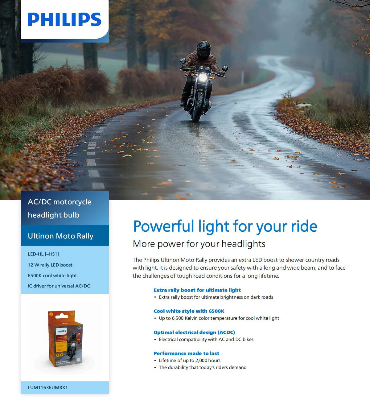 Philips HS1 Faro LED Motore 6500K Lampada Bianca LED Luminoso Moto Fascio Alto Basso 12V PX43t Moto Lampadina 11636UMRX1