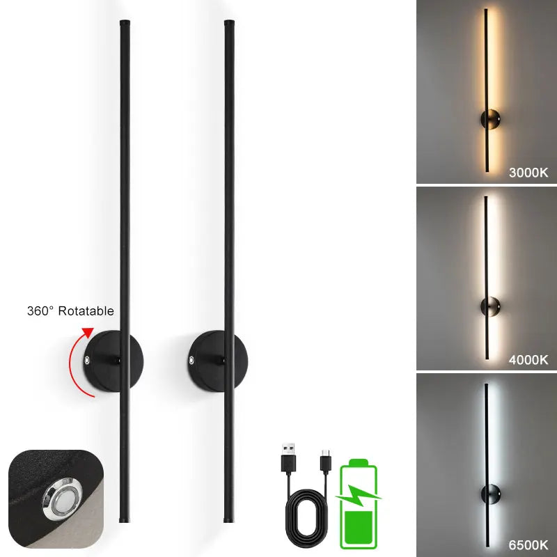 Lampade da parete a LED con batteria ricaricabile wireless con telecomando 3CCT 360 ° Lampada da parete a LED dimmerabile con interruttore tattile girevole nera