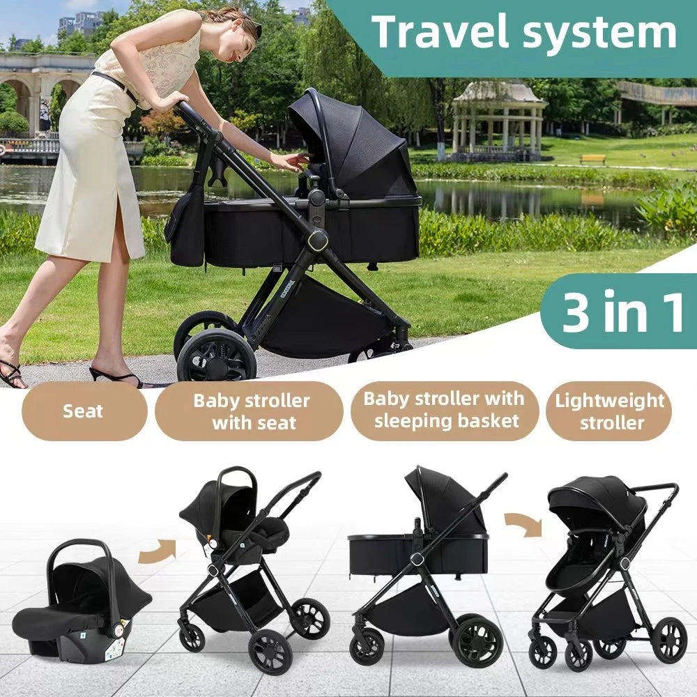 Passeggino per Neonati 3-in-1 di Lusso, Carrozzina da Viaggio Portatile con Telaio in Alluminio, Passeggino Pieghevole con Vista Panoramica