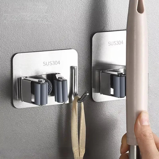 Porta clip per mop in acciaio inossidabile 304 Bagno senza punzonatura Mop Scopa Spazzola Appendiabiti Forte gancio appiccicoso Mensola per organizer da parete