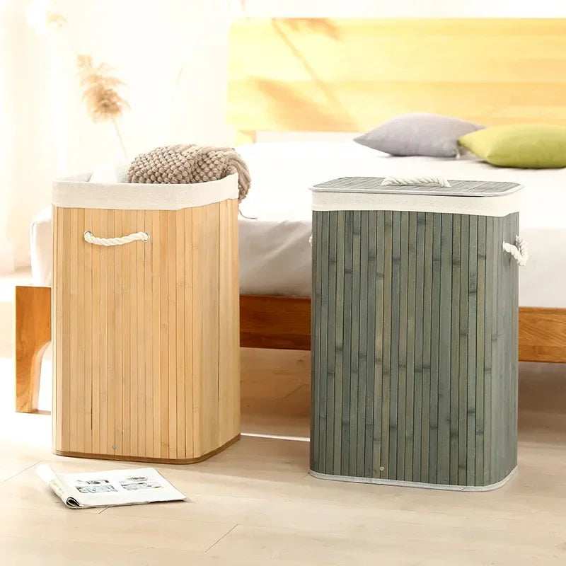 Cesto per Bucato Pieghevole di Grande Capacità, Contenitore in Bambù Rotondo per Organizzare Vestiti, Cesto Compatto per la Casa