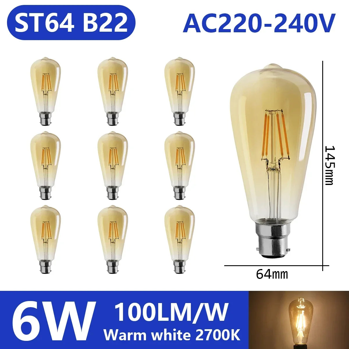 Confezione da 10 lampadine a filamento LED per E27 B22 220V 240V 4W 6W 9W Lampadine a LED bianche calde Lampada in vetro vintage