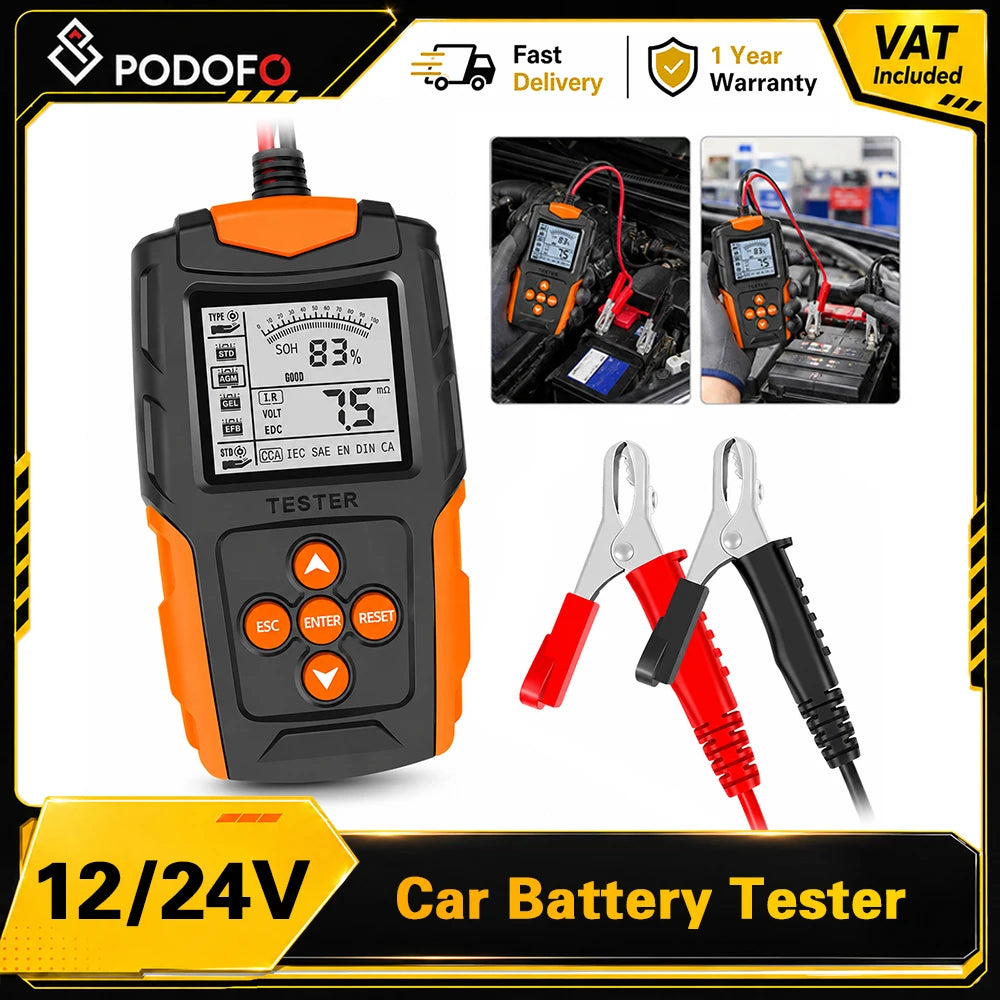 Tester Batteria Auto Podofo 12V 24V LCD Digitale, Analizzatore di Avviamento e Ricarica Veicoli, Strumento di Test per Rilevare Resistenza Interna IR, Tensione, Corrente di Scarica, Capacità, SOH, Durata per Auto, Moto, Cami