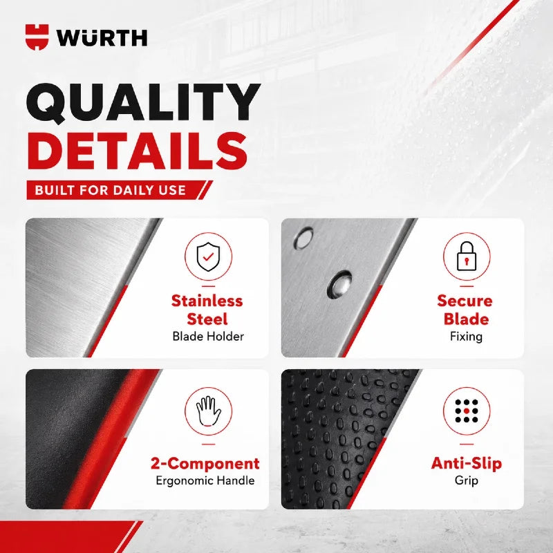 Wurth 071466335 Raschietto Professionale per Vetro con Lama da 40mm, Rimuovi Adesivi e Residui di Colla, Manico Antiscivolo con 6 Lame