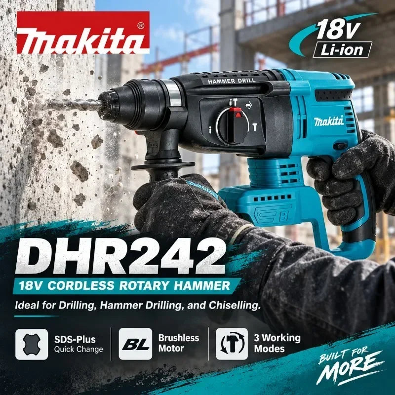 Trapano perforatore rotante SDS Plus Makita DHR242 18V LXT, senza spazzole, a batteria, capacità 24mm per calcestruzzo, 4700 IPM 2.0J, utensile elettrico professionale a 3 modalità, compatibile con BL1860B BL1850B BL1815, s