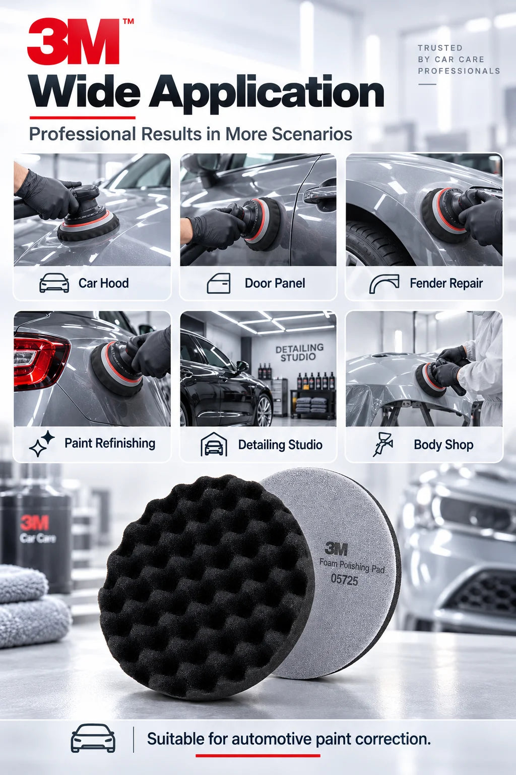 3M 05725 Tampone Lucidante in Schiuma Fine a Nido d'Ape per Rimozione di Graffi, Lucidatura ad Alta Lucentezza per Dettagli di Vernice Automobilistica 8 pollici 2 pezzi
