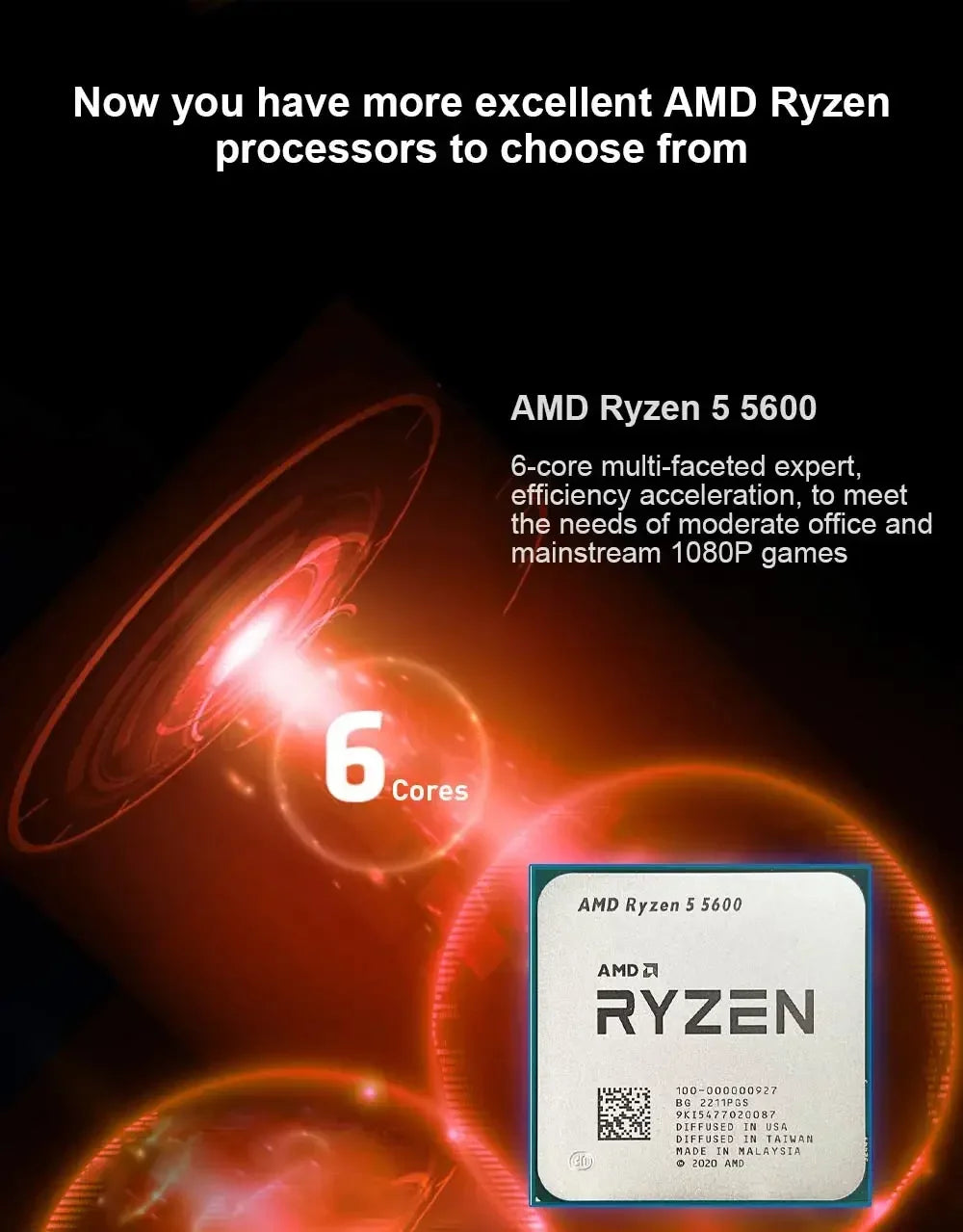 Processore Desktop AMD Ryzen 5 5600, 6C/12T, 4.4GHz, 32MB Cache, AM4, Senza Dissipatore Incluso