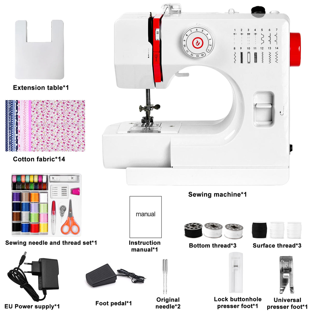 Macchina da Cucire Elettrica Mini 728 Fai-da-te con 14 Punti, Tavolo di Estensione, Kit per Tessuti in Cotone e Cucito, Cucitura Inversa e 14 Tipi di Punti Interni, EU