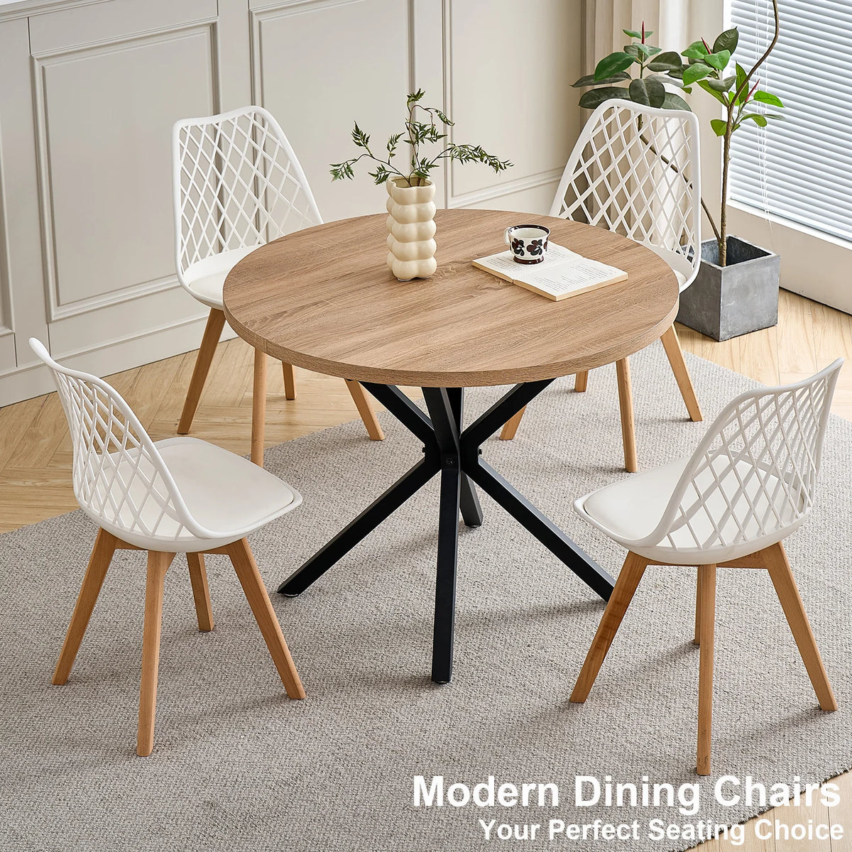 Set di 4/6 sedie da pranzo moderne con schienale in rete con gambe in legno massello e cuscini imbottiti, per sala da pranzo/camera da letto, sedia da caffè