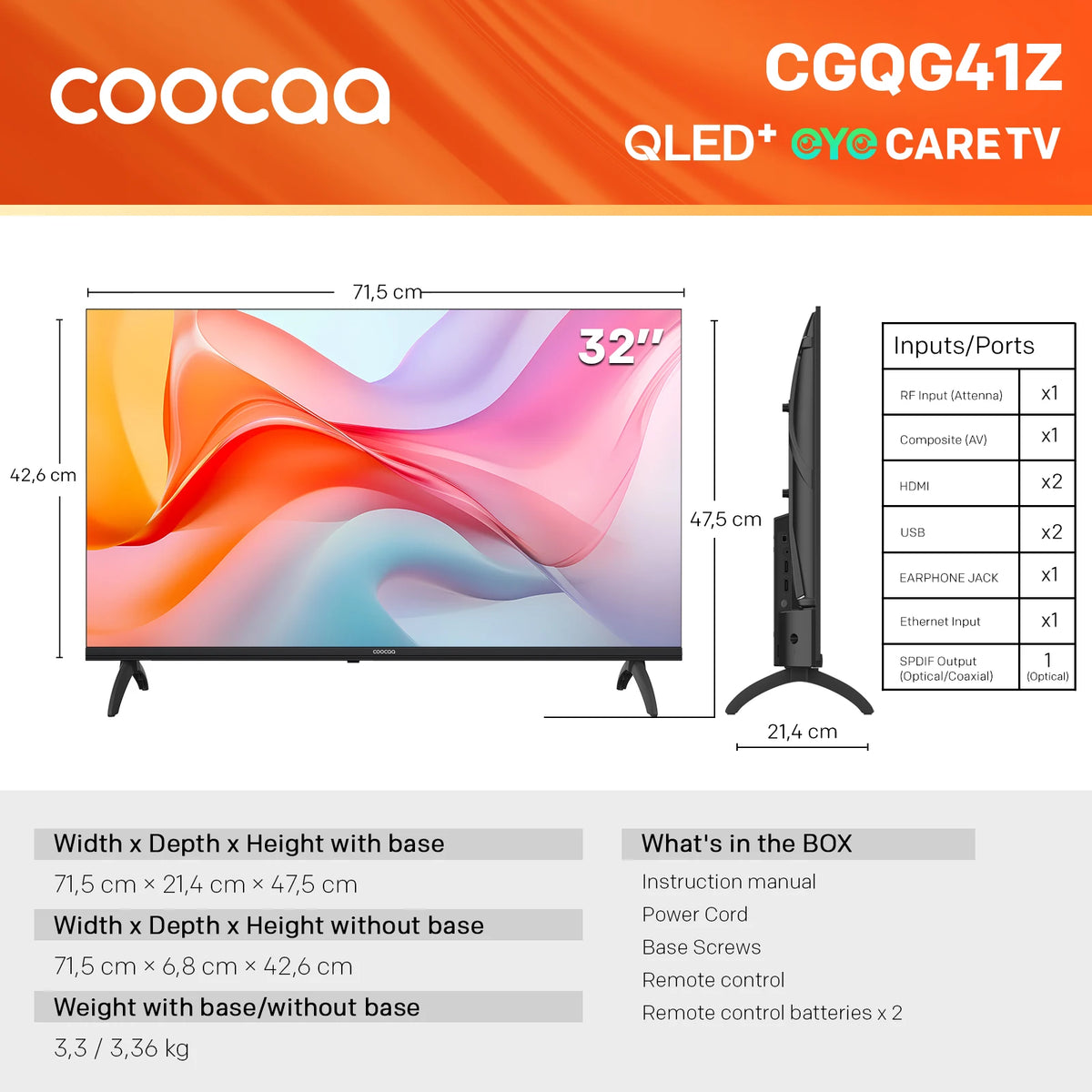 Coocaa Smart TV QLED da 32" – Google Cast integrato, 60Hz, HDR10 e HLG, Dolby Audio, Qyocare 5.0 Anti Luce Blu, senza sfarfallio, 2 porte HDMI e 2 porte USB, luminosità di 200 cd/m²