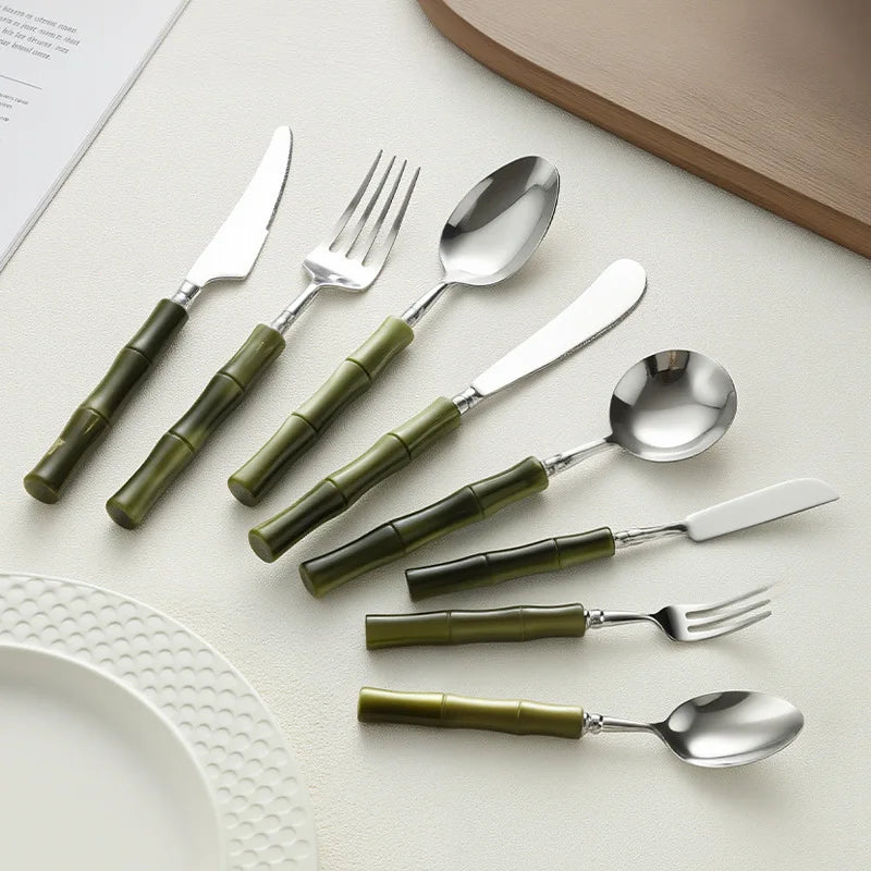 Set di Posate in Resina Stile Bambù, Acciaio Inossidabile 304, Posate Classiche, Opzioni da 1/3/4 Pezzi per Casa e Cucina