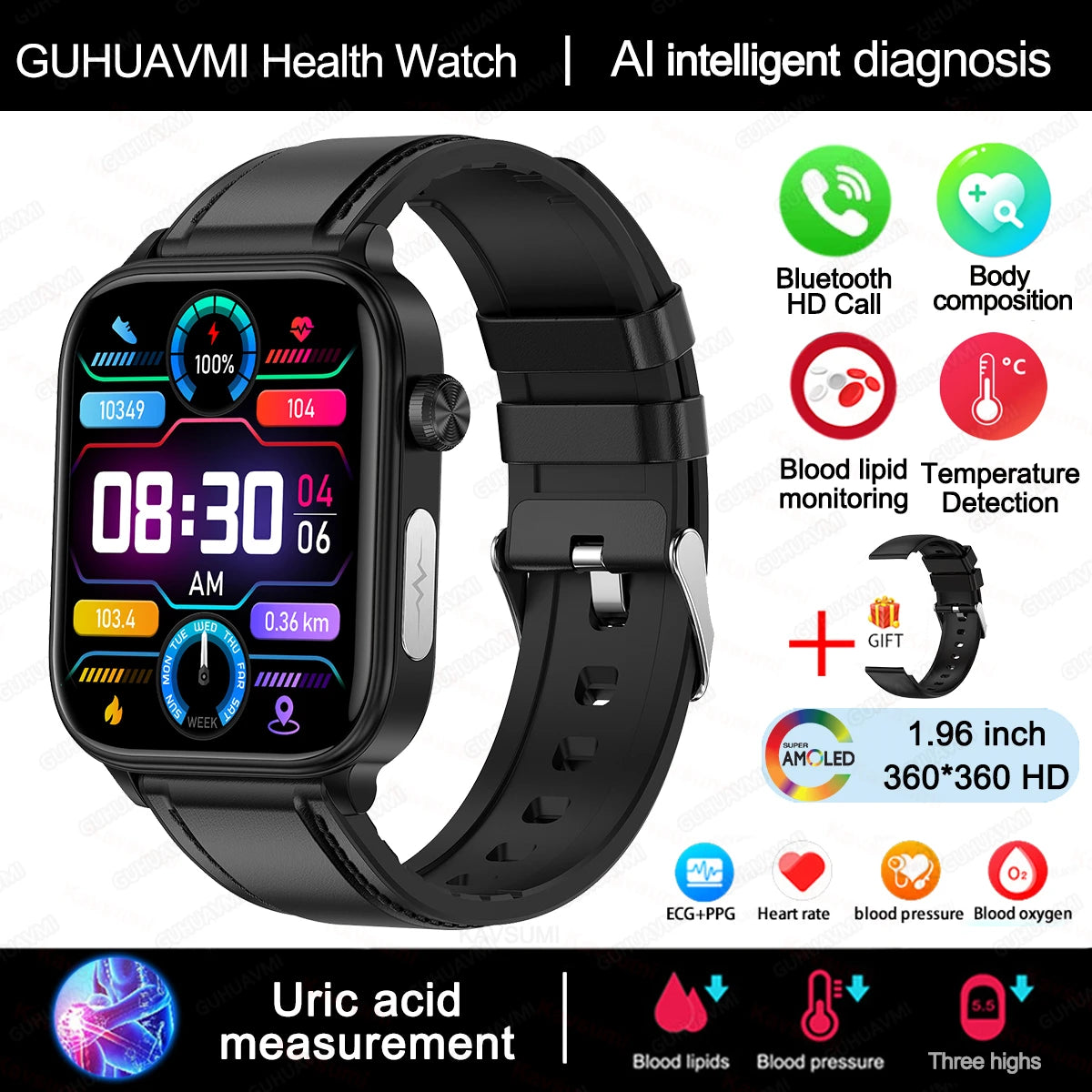 2025 Nuovo AI Diagnosi Lipidi nel sangue Acido urico Test di composizione corporea Smart Watch per uomo ECG + PPG Chiamata Bluetooth Salute Smartwatch