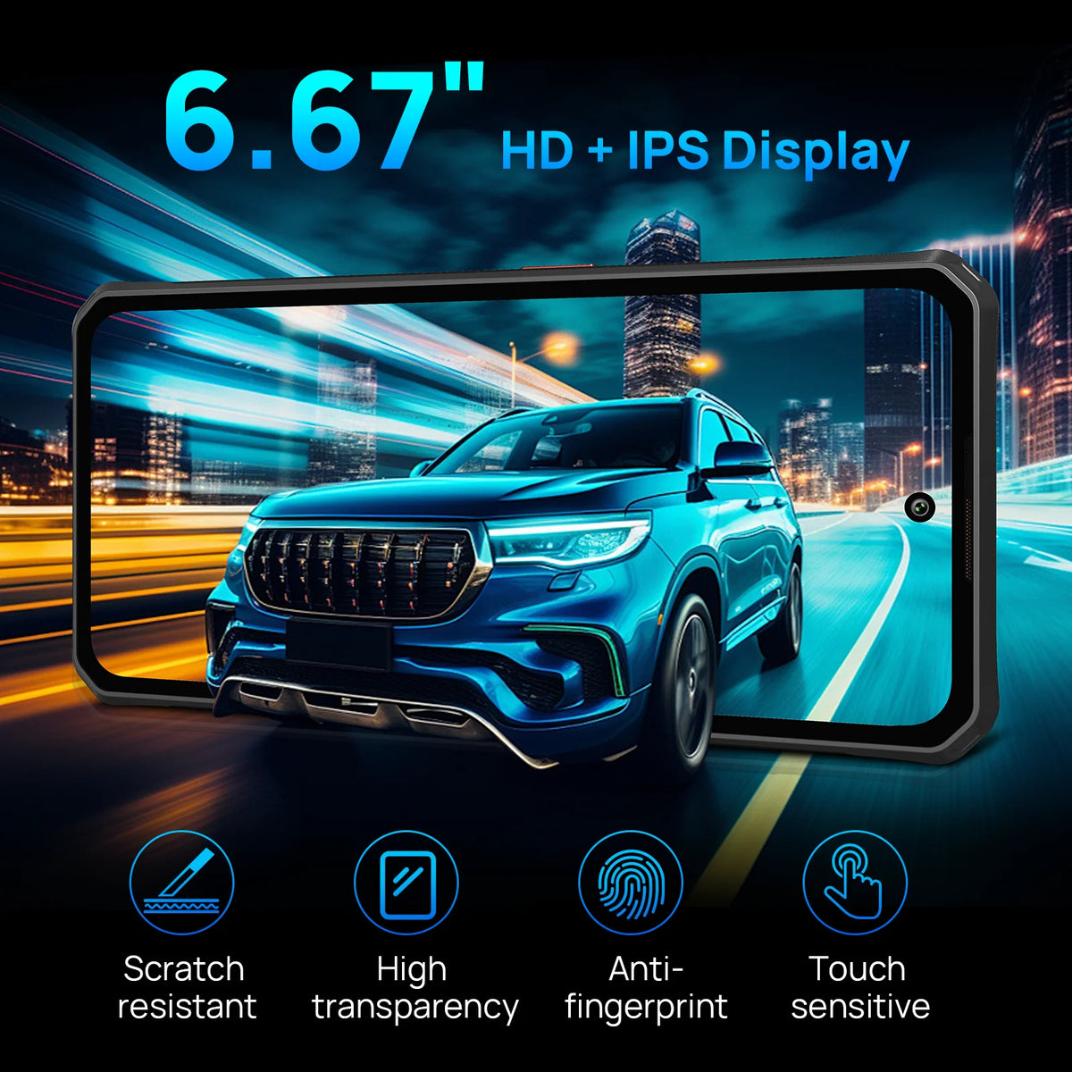 Fossibot F114, smartphone robusto e ultra sottile, Android 15, 16 GB di RAM (4+12 GB espandibili), 128 GB di ROM, display HD+ da 6,67", batteria da 5000 mAh con ricarica da 18 W, fotocamera 500 MP + 8 MP + 2 MP.