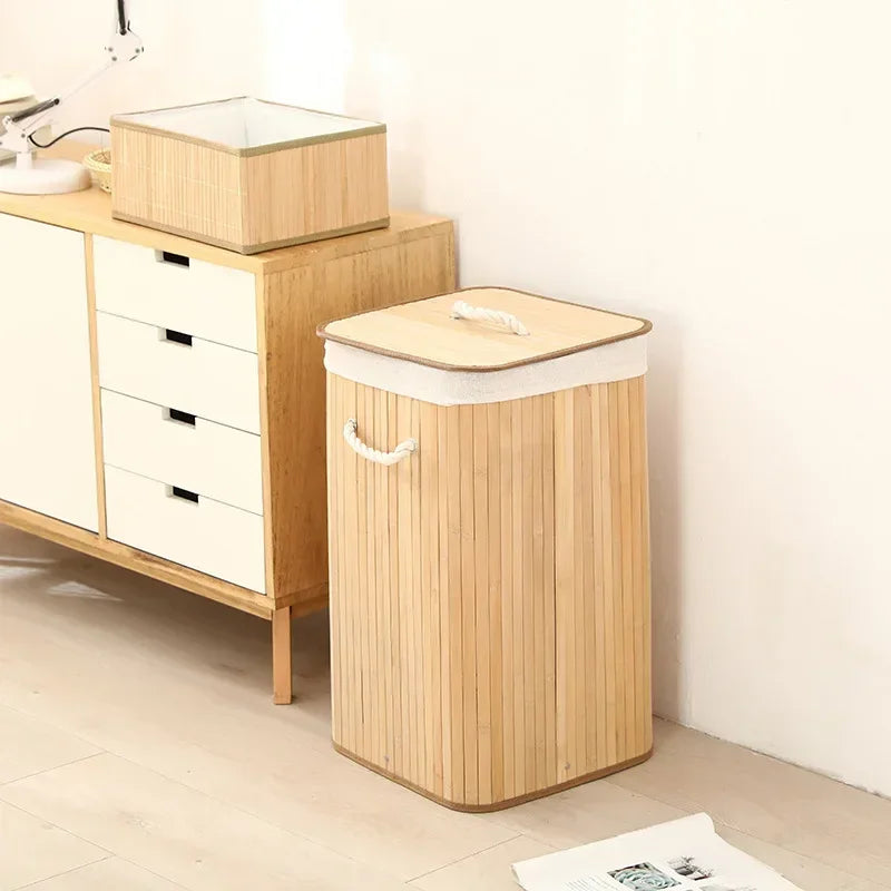 Cesto per Bucato Pieghevole di Grande Capacità, Contenitore in Bambù Rotondo per Organizzare Vestiti, Cesto Compatto per la Casa