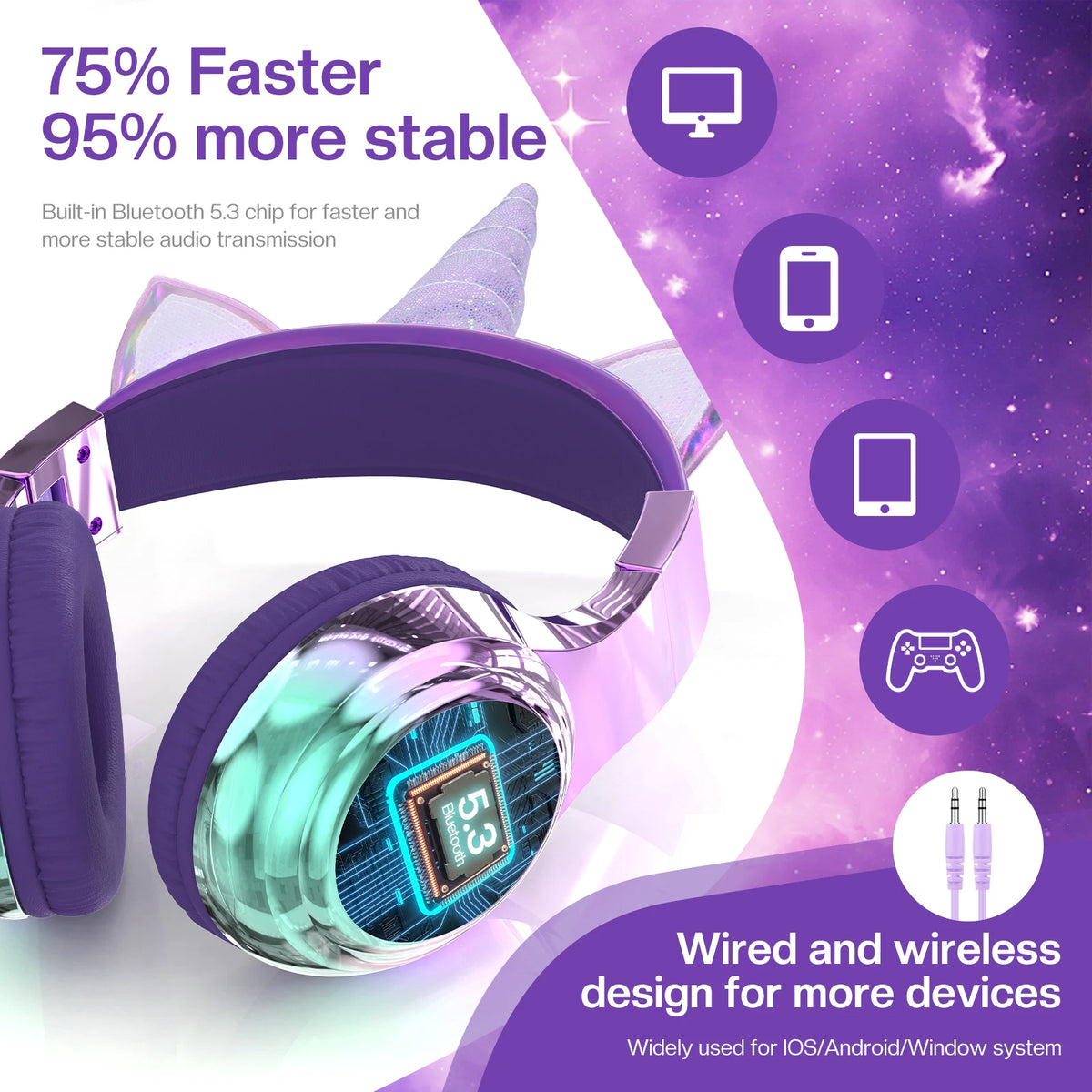 Cuffie wireless Unicorno per bambini Ragazze Auricolari Bluetooth Cuffie pieghevoli con orecchie di gatto per viaggi scolastici Cuffie per bambini