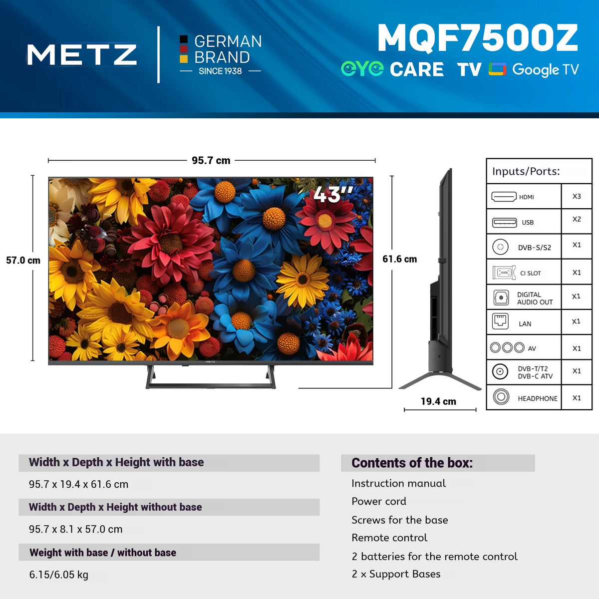 TV LED Smart 4K Metz QLED 43 Pollici Google Tele HDR 10 MEMC DBX Dolby Atmos Game Hub Eyecare Tuner 2025 43Mqf7500Z