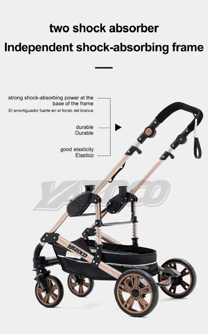 Passeggino 3 in 1 Facile da piegare Telaio in alluminio ad alto paesaggio Passeggino neonato con ruota in gomma per assorbimento degli urti a quattro ruote