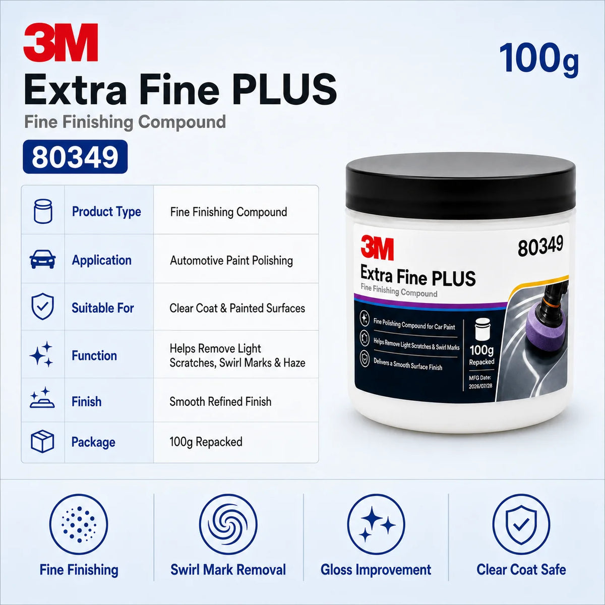 Composto Lucidante Professionale 3M 80349 Extra Fine Plus per Vernice Auto, Rimozione Graffi Sottili, Dettagliatura Finitura Trasparente, 100g Riconfezionato