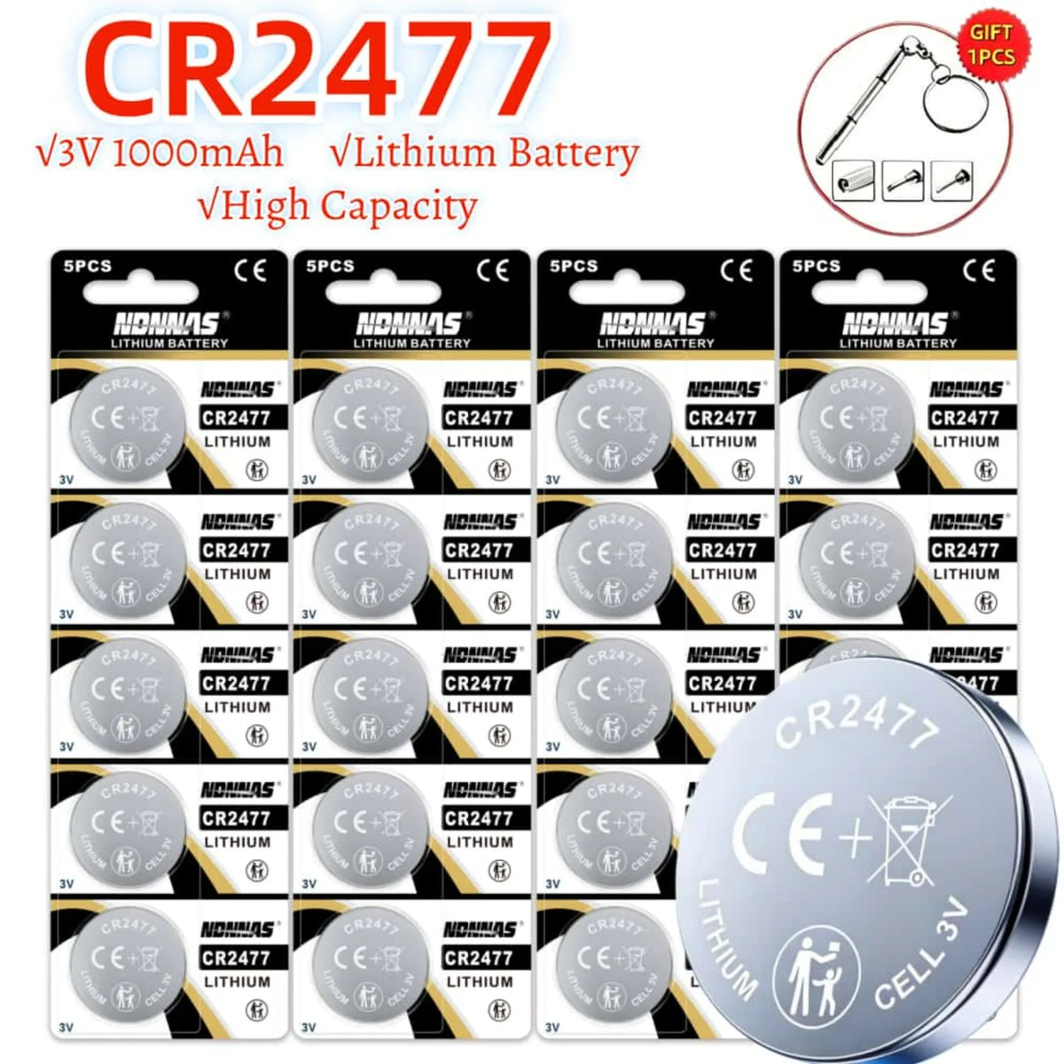 Batterie a Bottone CR2477 ad Alta Capacità (2-50 pz) - Batterie 2477 per Orologi, Telecomandi, Calcolatrici, Bilance - Prestazioni Stabili con Confezione Regalo