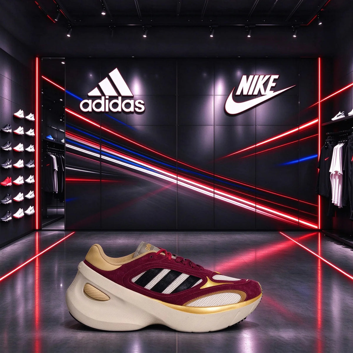 Scarpe sportive da corsa casual Adidas, modello «dad shoes» con suola spessa, in rosso vino e oro, stile retrò, che slanciano la figura, KI7013.