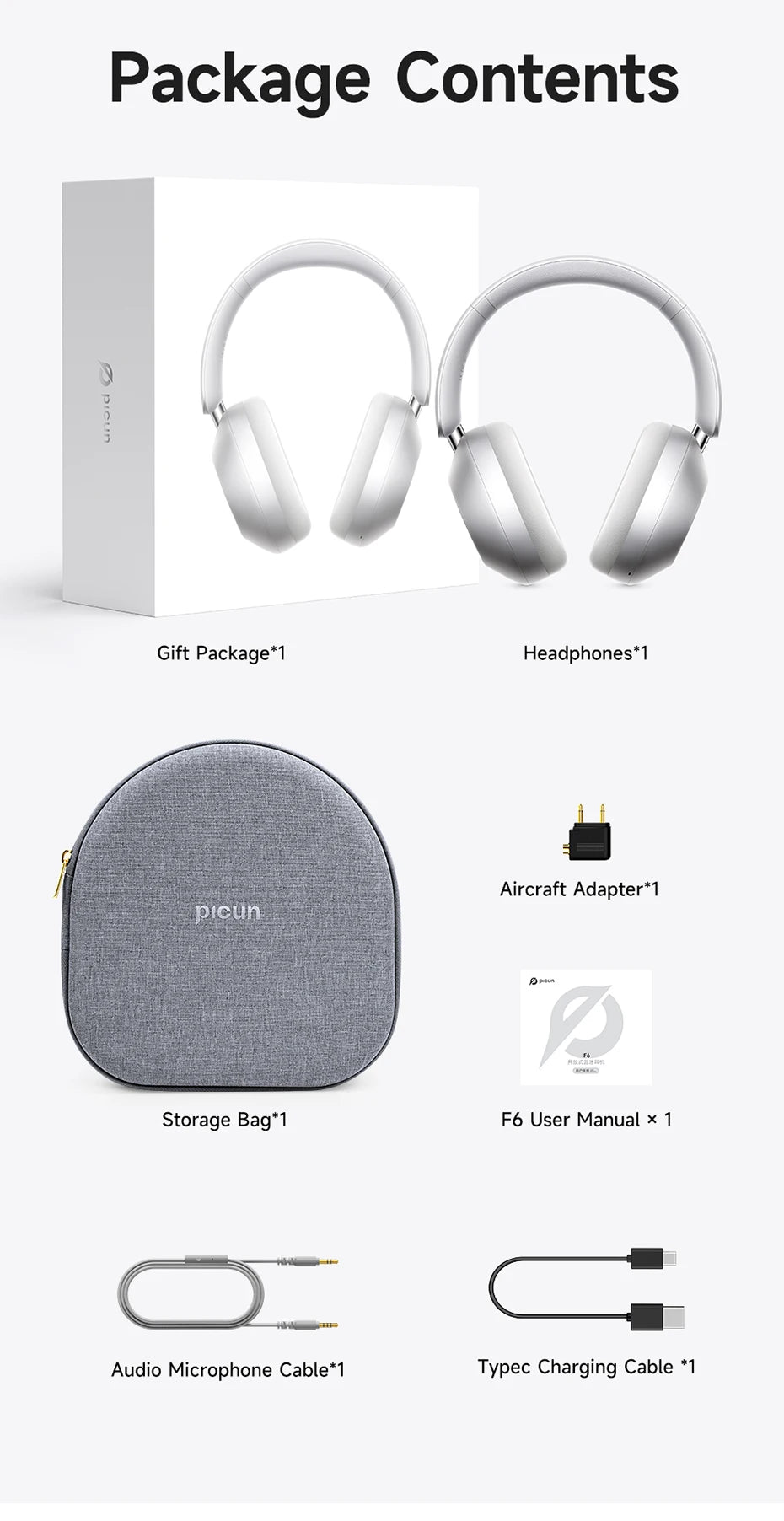Picun F6 Cuffie wireless con cancellazione attiva del rumore Monitoraggio della testa Audio 3D 40mm Cuffie Bluetooth ANC ad alta risoluzione Controllo APP HIFI
