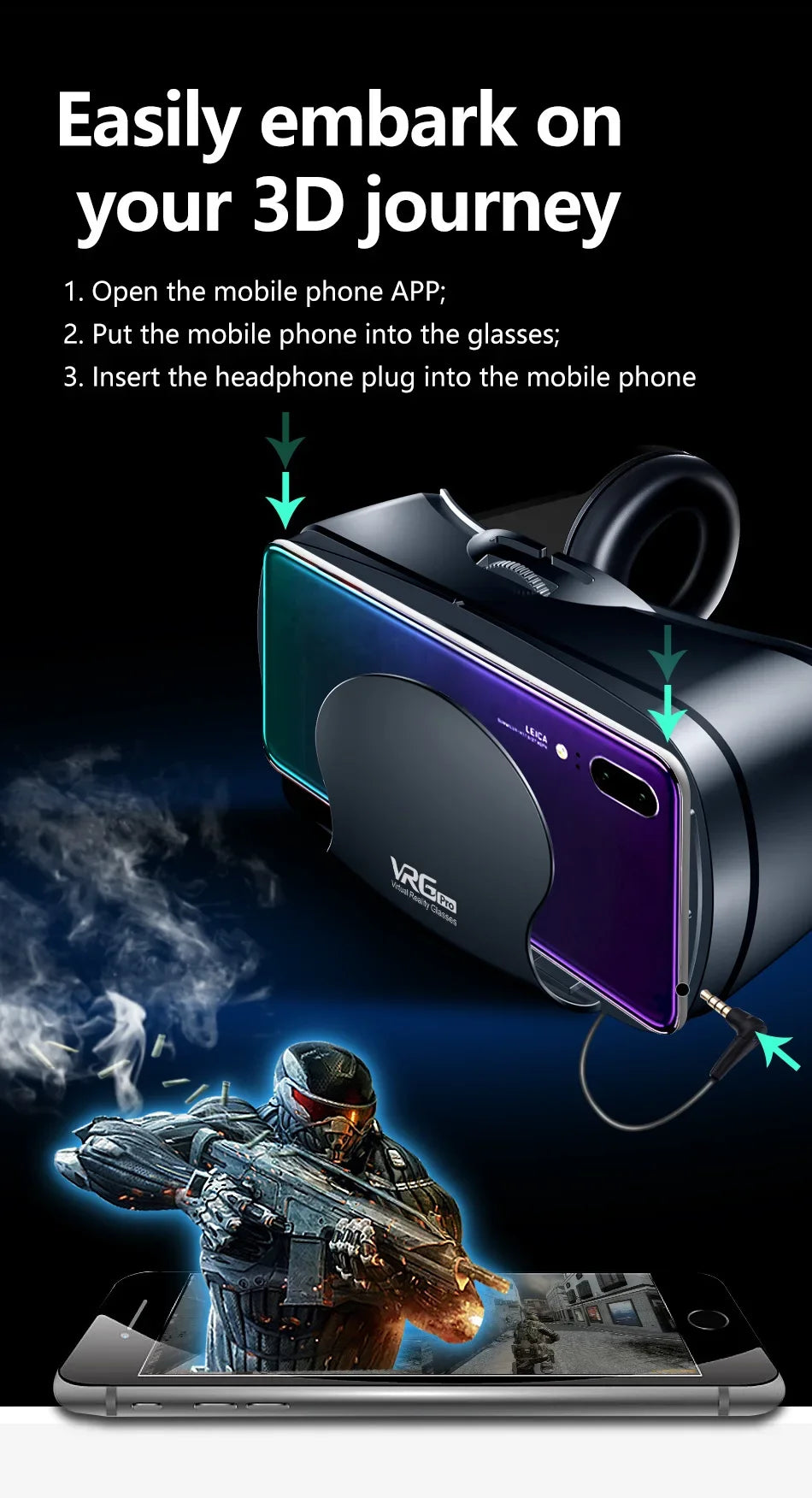 VRG Pro Realtà Virtuale Occhiali VR Dispositivi per cuffie Viar 3D Occhiali per casco Lenti Smart per Smartphone Cellulare Set di giochi per dispositivi mobili